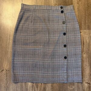 H&M Plaid Pencil Skirt Women 12 Grey Glen Check Button Detail High Waist